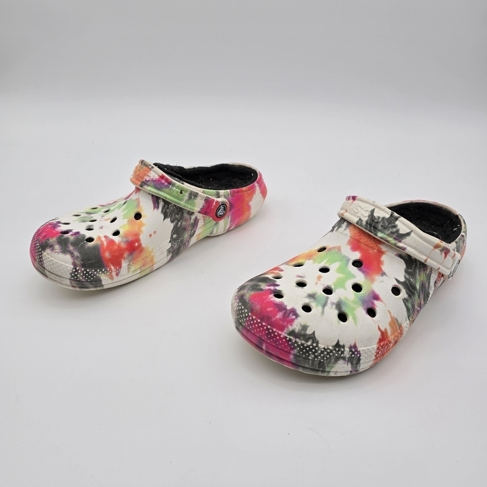 Crocs Sandal Women 10 White Tie Dye Rainbow Splatter Faux Fur Lined Winter - Picture 3 of 8